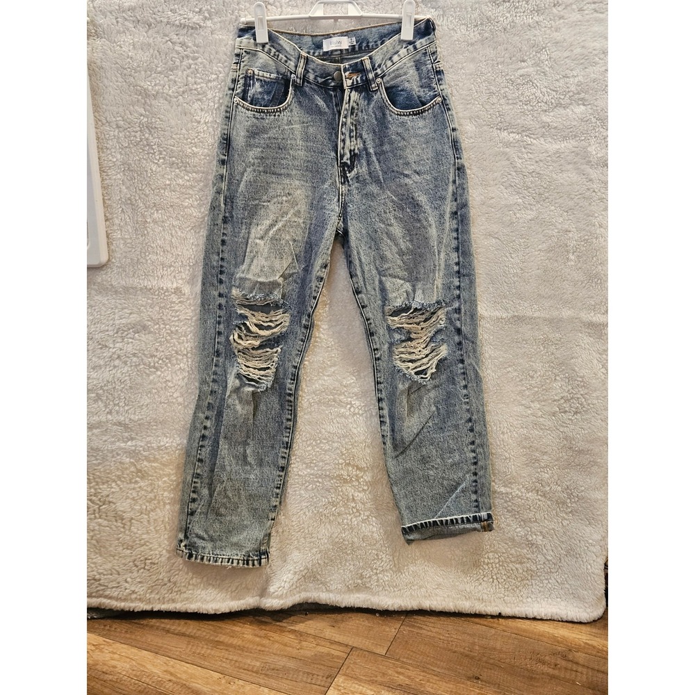 Blu Ivy Women Sz S Acid Wash‎ Distressed Ripped Straight Leg Jeans  #491